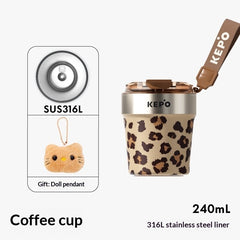 Leopard-print Insulated Mug Large-capacity Straw Water Bottle