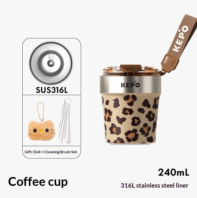 Leopard-print Insulated Mug Large-capacity Straw Water Bottle
