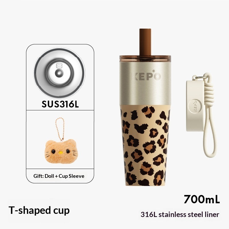 Leopard-print Insulated Mug Large-capacity Straw Water Bottle