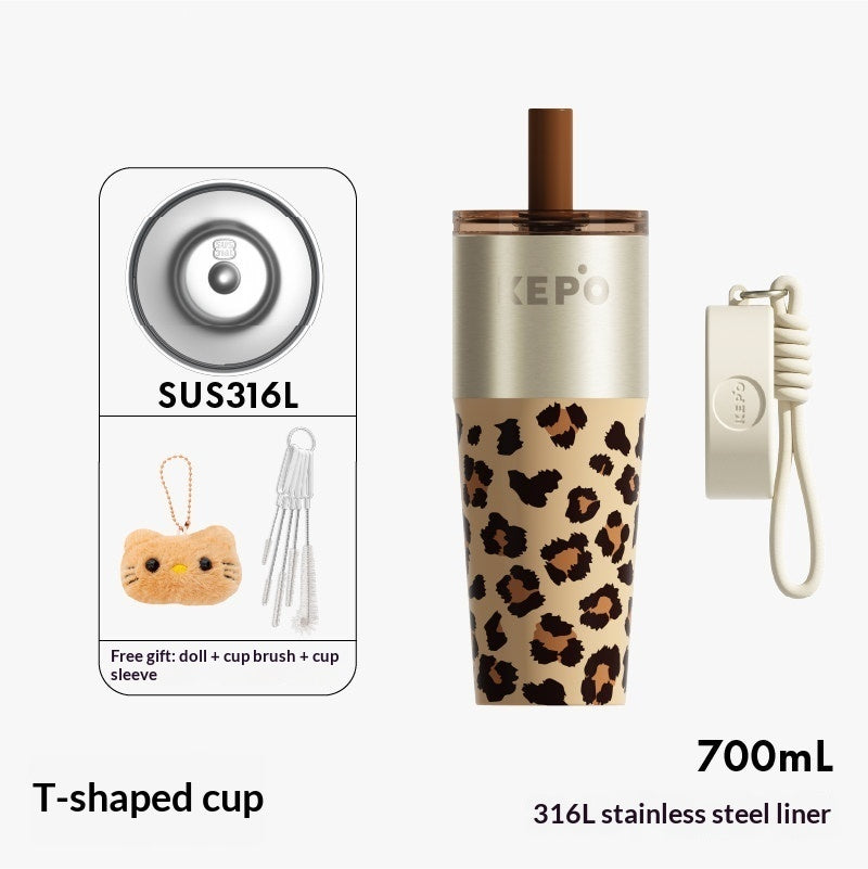 Leopard-print Insulated Mug Large-capacity Straw Water Bottle