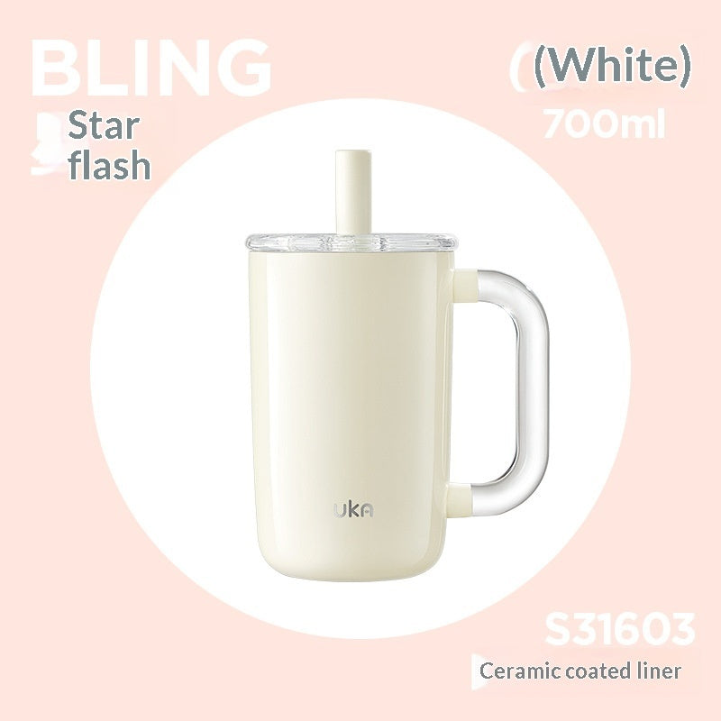 Insulated Straw Cup Large-Capacity Ceramic-Inside Portable Cold-Keeping Coffee Mug