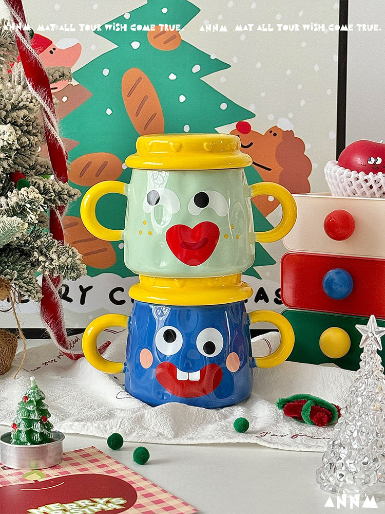 Creative Mug With Lid Ceramic Double-handled Cup