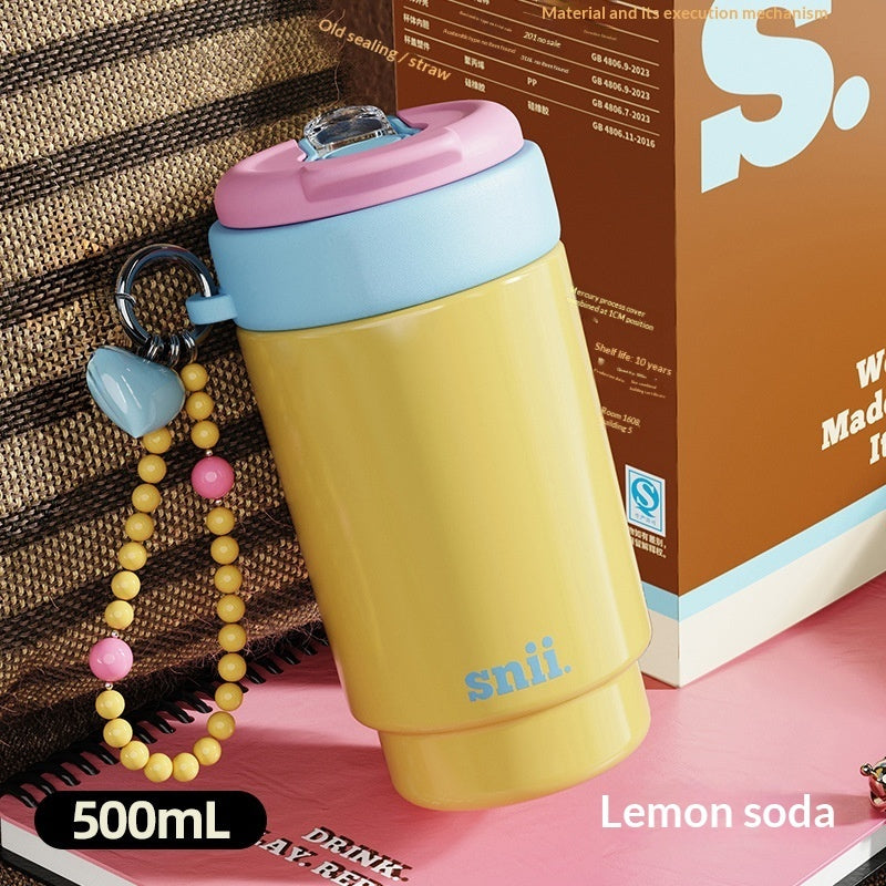 Insulated Water Bottle Coffee Mug Straw Portable Travel Cup With Contrasting Colors
