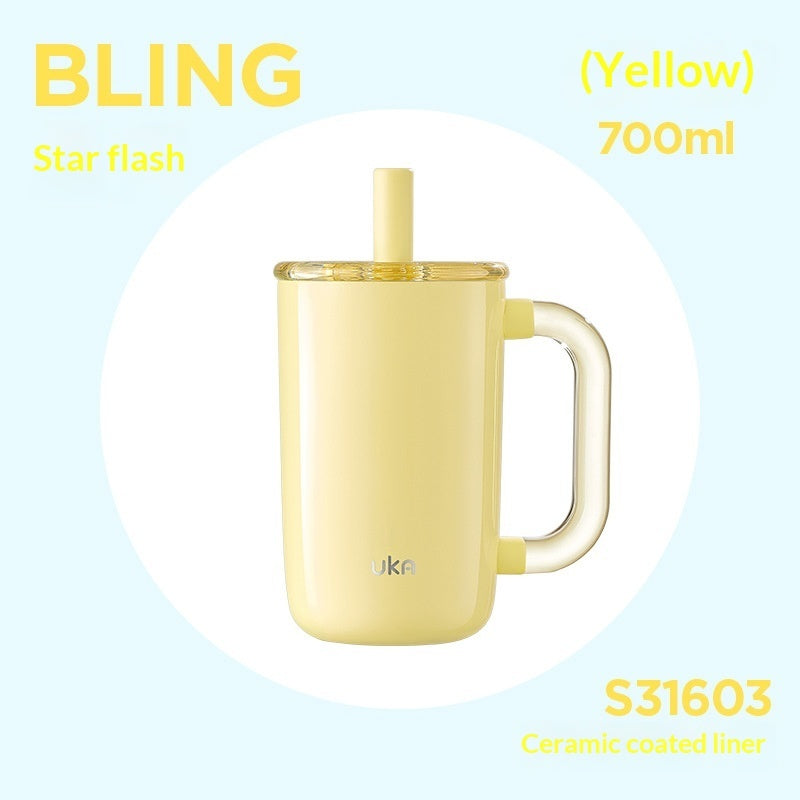 Insulated Straw Cup Large-Capacity Ceramic-Inside Portable Cold-Keeping Coffee Mug