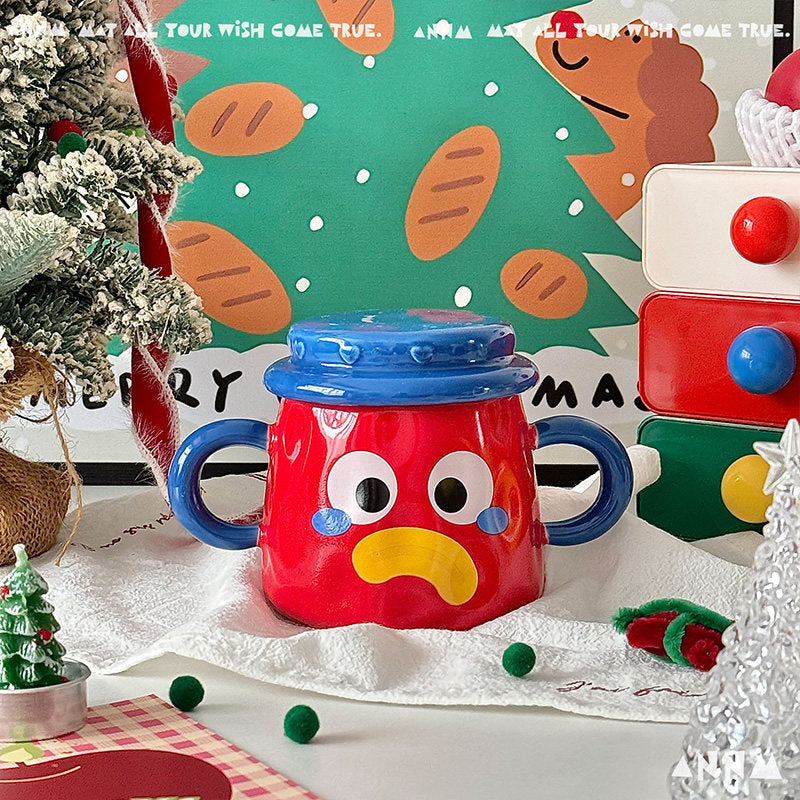 Creative Mug With Lid Ceramic Double-handled Cup