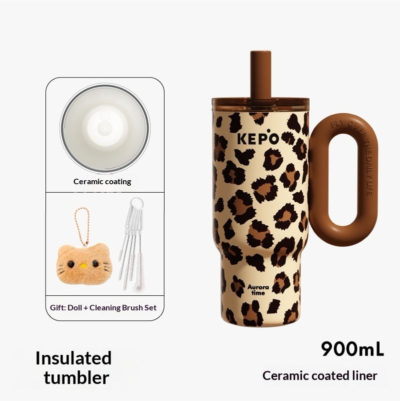 Leopard-print Insulated Mug Large-capacity Straw Water Bottle