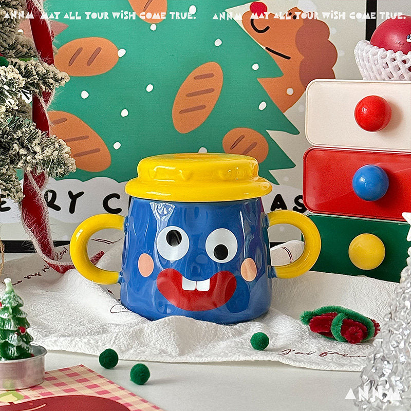 Creative Mug With Lid Ceramic Double-handled Cup