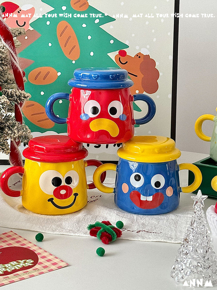 Creative Mug With Lid Ceramic Double-handled Cup