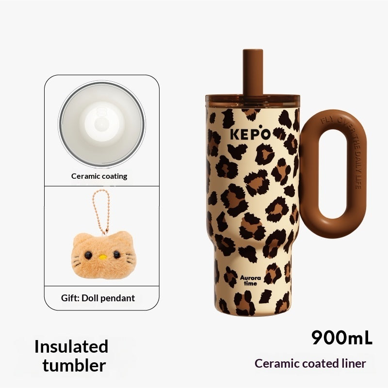 Leopard-print Insulated Mug Large-capacity Straw Water Bottle