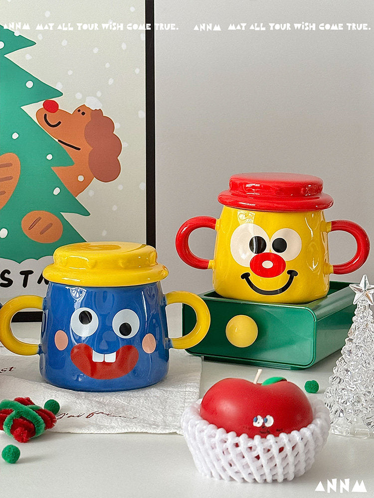 Creative Mug With Lid Ceramic Double-handled Cup