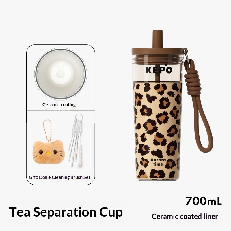 Leopard-print Insulated Mug Large-capacity Straw Water Bottle