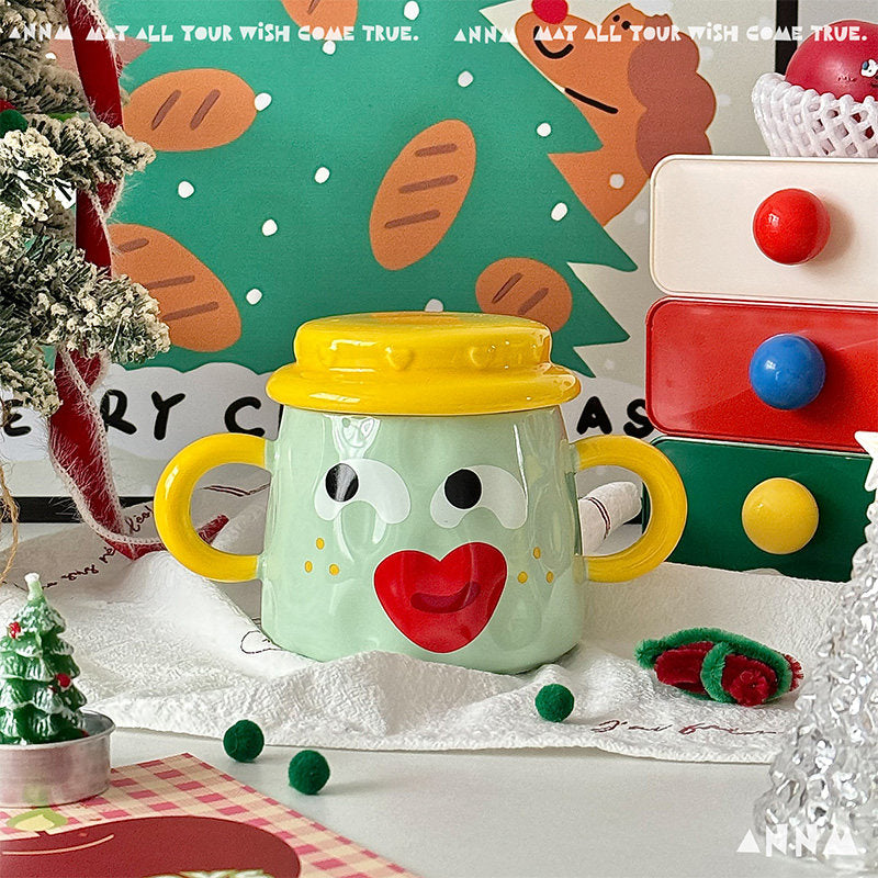 Creative Mug With Lid Ceramic Double-handled Cup