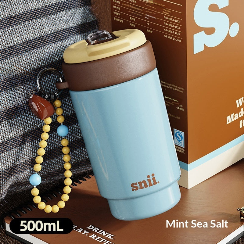 Insulated Water Bottle Coffee Mug Straw Portable Travel Cup With Contrasting Colors